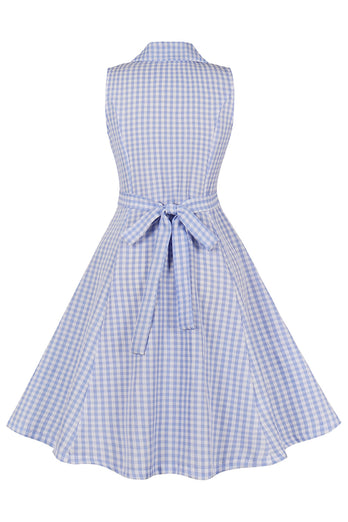 Blue Plaid Lapel Neck Sleeveless Vintage 1950s Dress