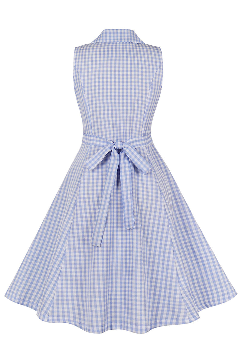 Load image into Gallery viewer, Blue Plaid Lapel Neck Sleeveless Vintage 1950s Dress