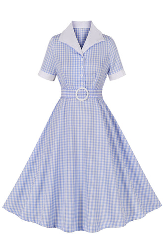 Blue Lapel Neck Plaid Vintage 1950s Dress