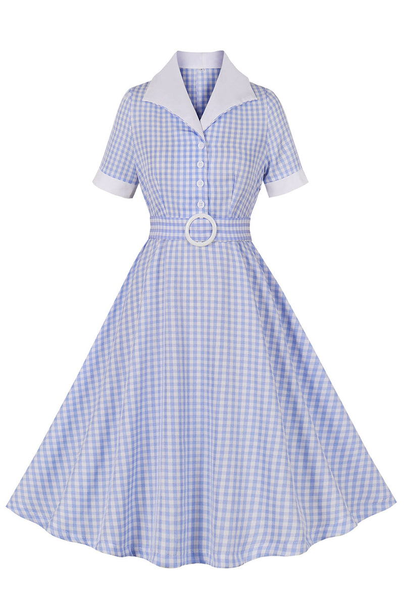 Load image into Gallery viewer, Blue Lapel Neck Plaid Vintage 1950s Dress