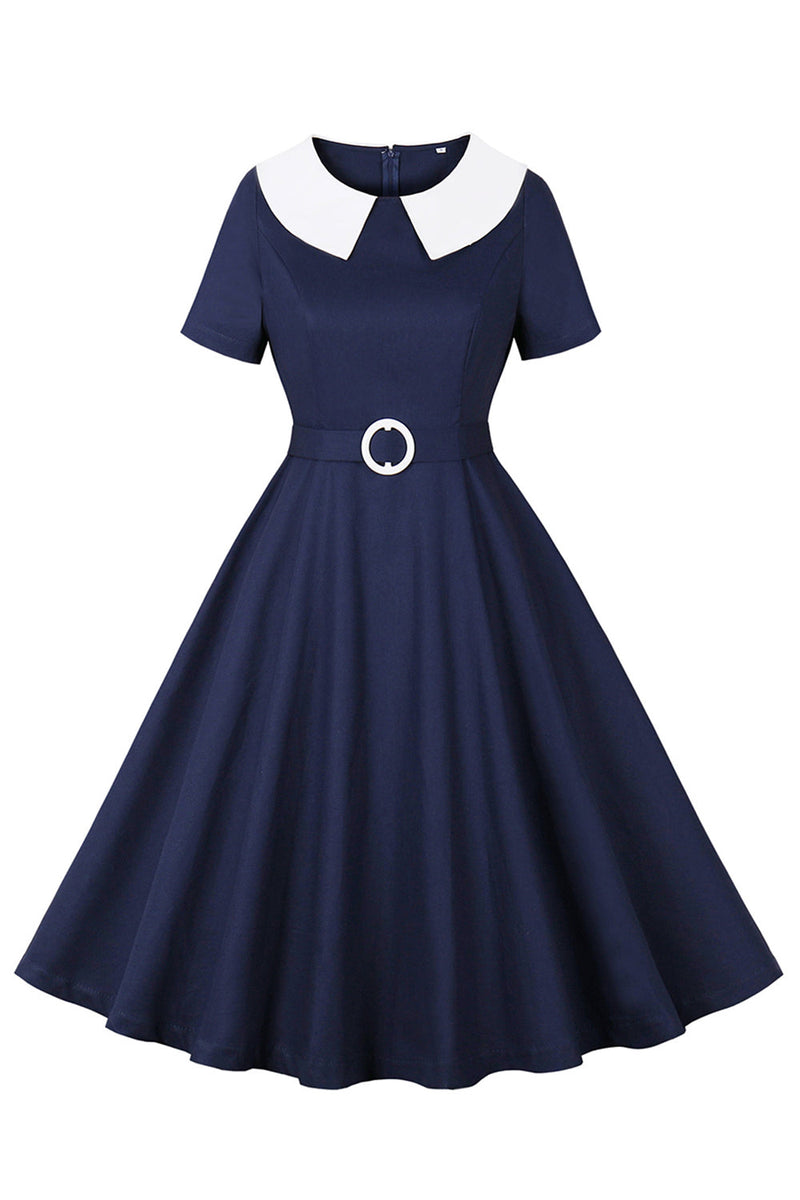 Load image into Gallery viewer, Navy Round Neck A Line Vintage 1950s Dress