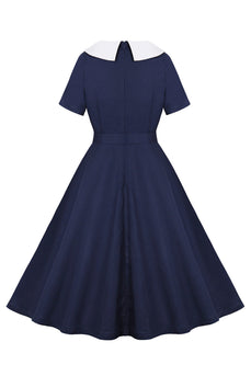 Navy Round Neck A Line Vintage 1950s Dress