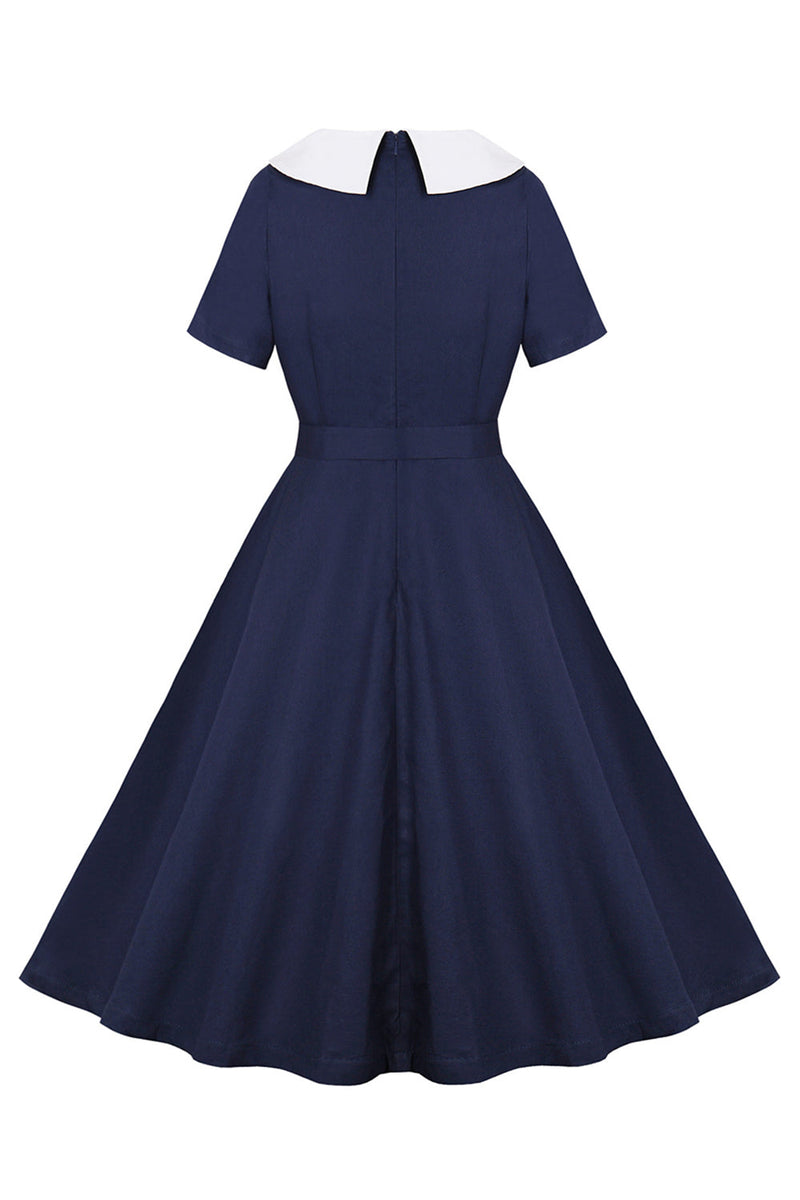 Load image into Gallery viewer, Navy Round Neck A Line Vintage 1950s Dress