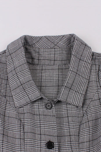 Grey Plaid Lapel Neck Vintage 1950s Dress