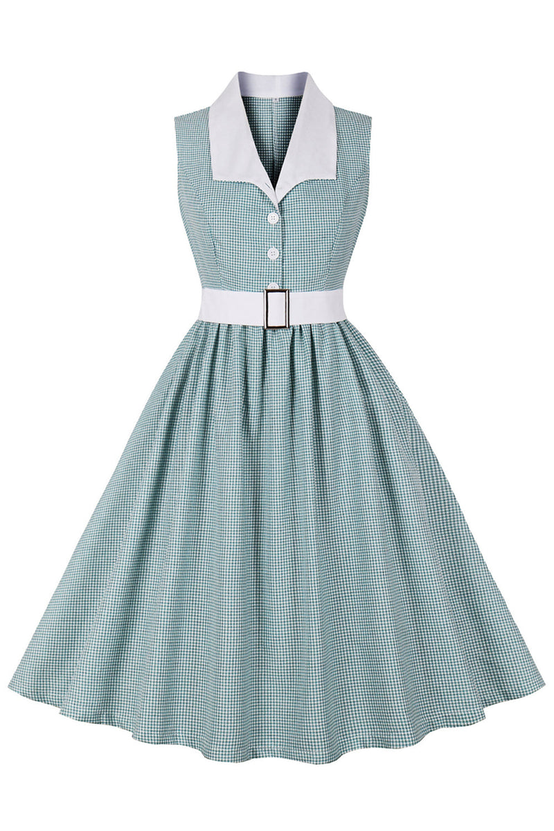 Load image into Gallery viewer, Green Plaid Sleeveless Lapel Swing 1950s Dress