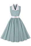 Green Plaid Sleeveless Lapel Swing 1950s Dress