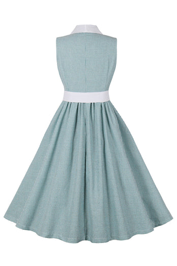 Green Plaid Sleeveless Lapel Swing 1950s Dress