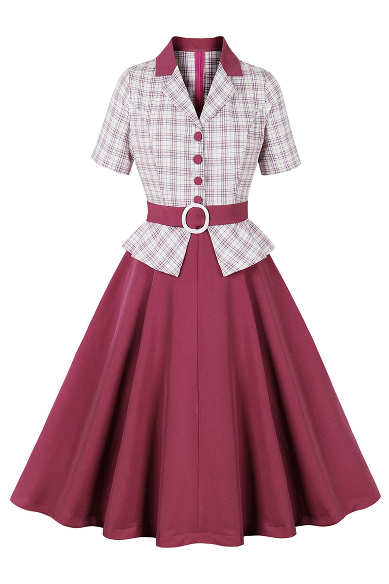 Load image into Gallery viewer, Purple Red Plaid Short Sleeves Swing 1950s Dress