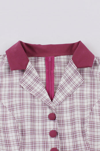 Purple Red Plaid Short Sleeves Swing 1950s Dress