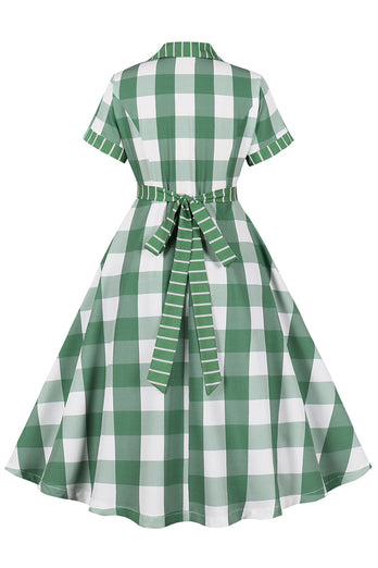 Plaid Green Short Sleeves Retro 1950s Dress with Bows