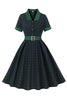 Load image into Gallery viewer, Navy Green Plaid Belted Swing 1950s Dress