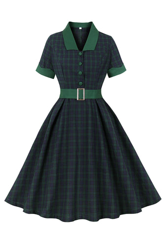 Navy Green Plaid Belted Swing 1950s Dress