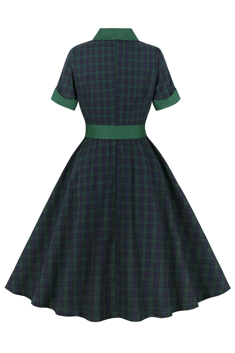 Load image into Gallery viewer, Navy Green Plaid Belted Swing 1950s Dress