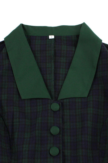 Navy Green Plaid Belted Swing 1950s Dress