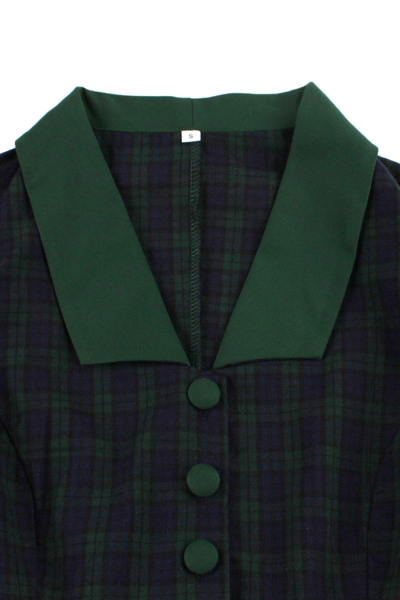 Load image into Gallery viewer, Navy Green Plaid Belted Swing 1950s Dress