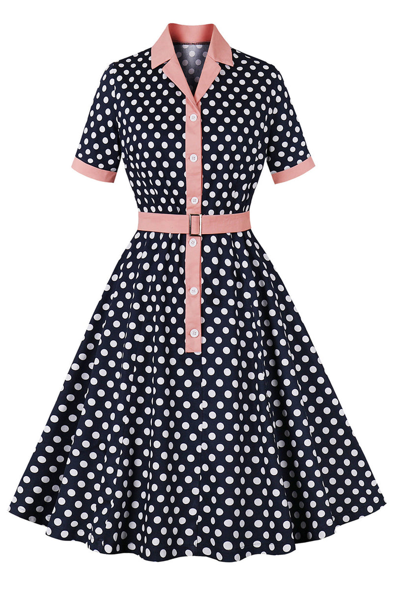 Load image into Gallery viewer, Black Pink Polka Dot Pinup 1950s Dress