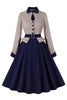 Load image into Gallery viewer, Navy Houndstooth Belted Long Sleeves 1950s Dress