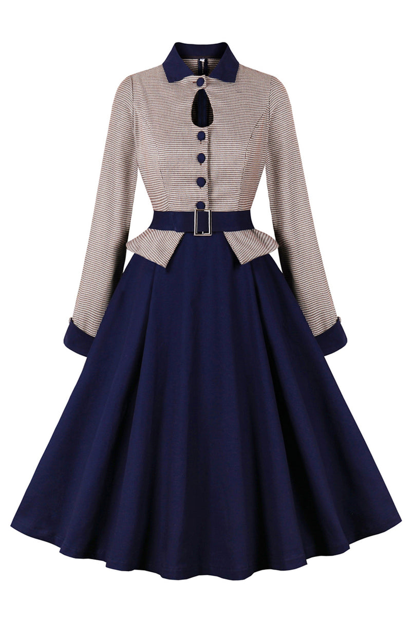 Load image into Gallery viewer, Navy Houndstooth Belted Long Sleeves 1950s Dress