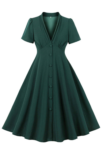 Dark Green V Neck Single Breasted 1950s Dress