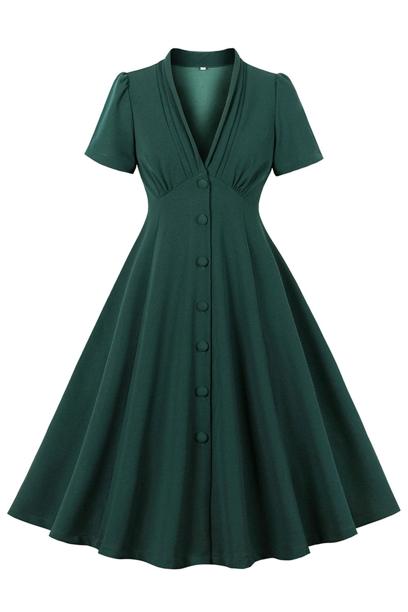 Load image into Gallery viewer, Dark Green V Neck Single Breasted 1950s Dress