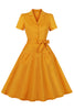 Load image into Gallery viewer, Yellow Ruffled Notched Lapel Belted Bows 1950s Dress with Pockets