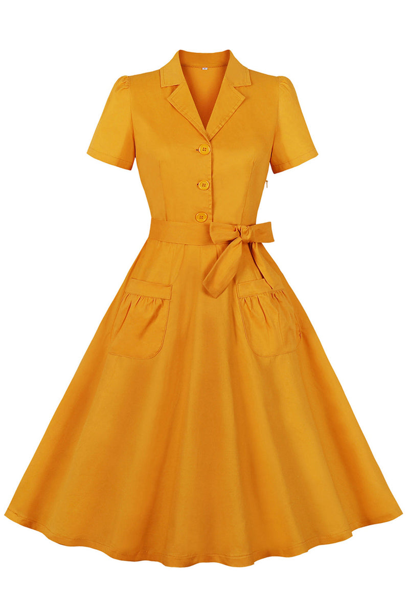 Load image into Gallery viewer, Yellow Ruffled Notched Lapel Belted Bows 1950s Dress with Pockets