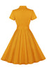 Load image into Gallery viewer, Yellow Ruffled Notched Lapel Belted Bows 1950s Dress with Pockets