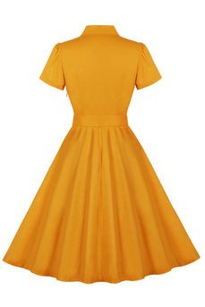 Yellow Ruffled Notched Lapel Belted Bows 1950s Dress with Pockets