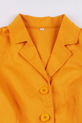 Yellow Ruffled Notched Lapel Belted Bows 1950s Dress with Pockets