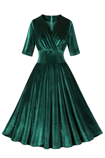 Dark Green Velvet V Neck Ruffled 1950s Dress