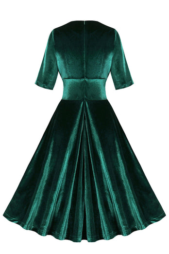 Dark Green Velvet V Neck Ruffled 1950s Dress