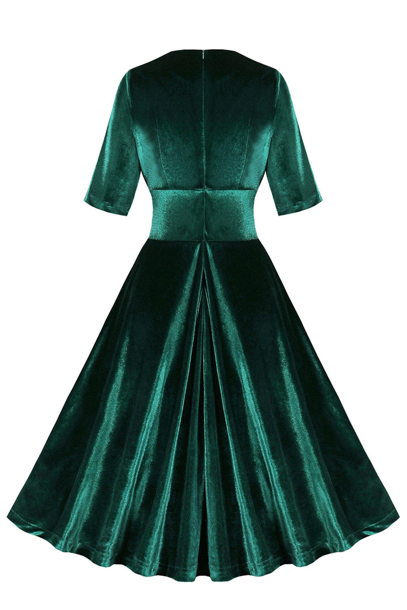 Load image into Gallery viewer, Dark Green Velvet V Neck Ruffled 1950s Dress