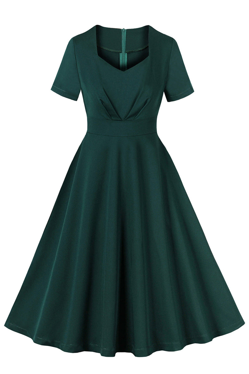 Load image into Gallery viewer, Dark Green Ruffled Short Sleeves 1950s Dress