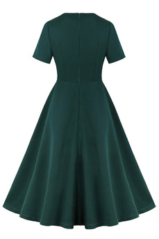 Dark Green Ruffled Short Sleeves 1950s Dress