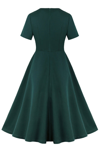 Dark Green Ruffled Short Sleeves 1950s Dress