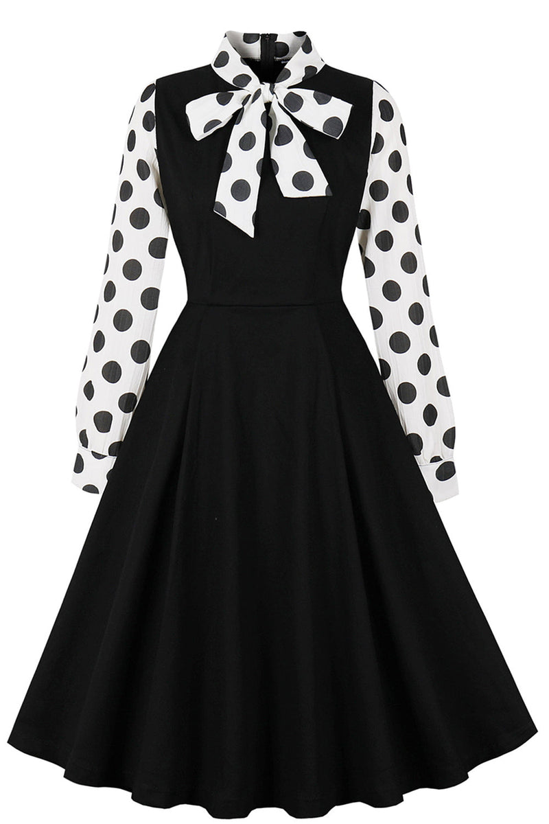 Load image into Gallery viewer, Black Polka Dot Swing 1950s Dress with Bows