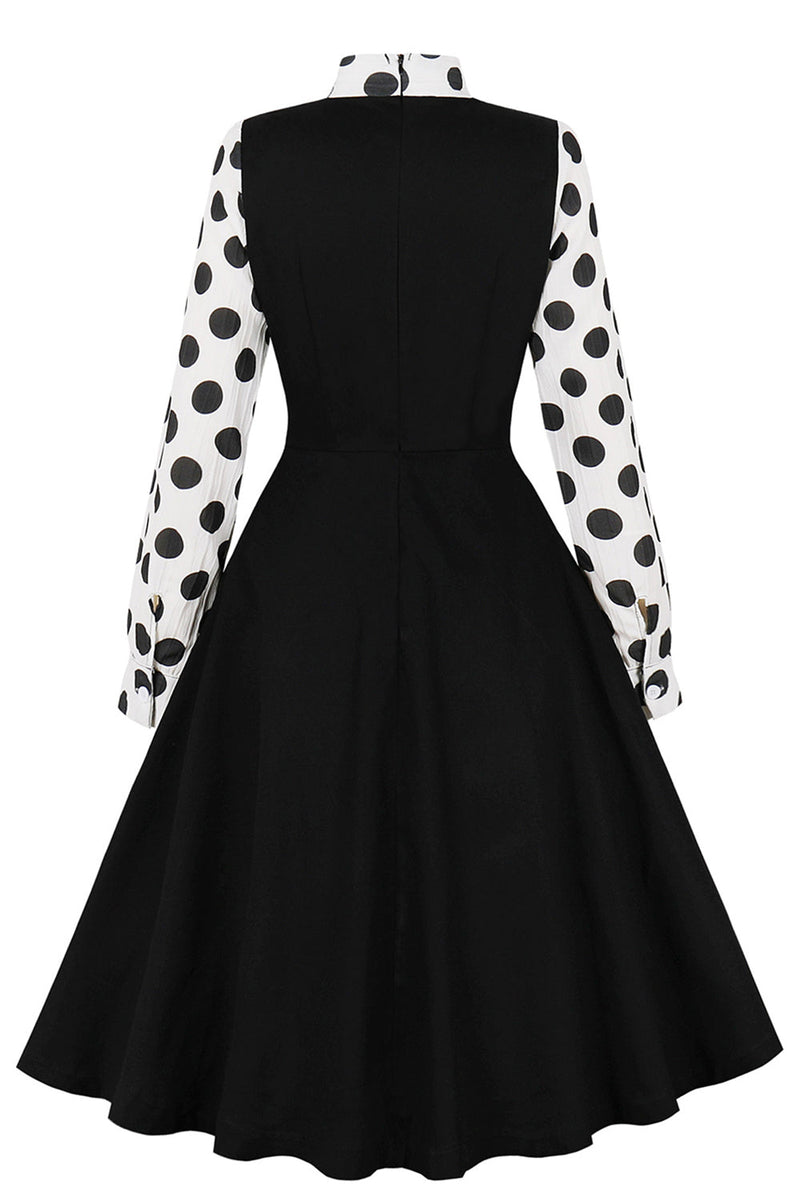 Load image into Gallery viewer, Black Polka Dot Swing 1950s Dress with Bows