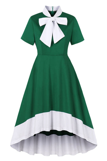 Dark Green Ruffled Asymmetrical 1950s Dress with Bows