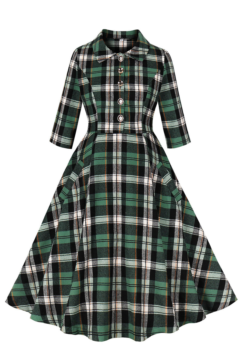 Load image into Gallery viewer, Green Plaid Ruffled 1950s Swing Dress