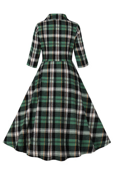 Green Plaid Ruffled 1950s Swing Dress