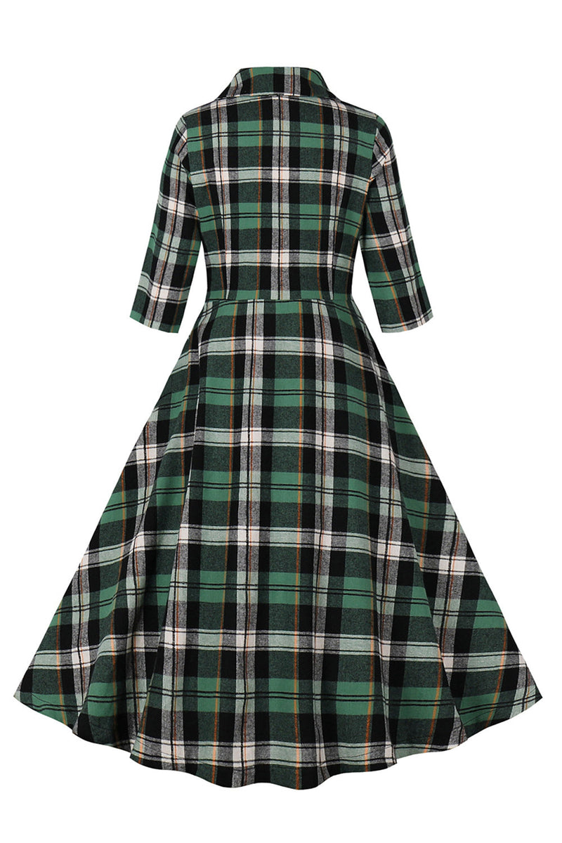 Load image into Gallery viewer, Green Plaid Ruffled 1950s Swing Dress