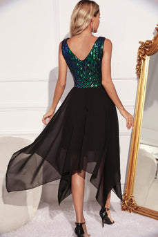 Sparkly Black Green V-Neck Tulle Graduation Dress