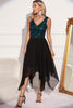 Load image into Gallery viewer, Sparkly Black Green V-Neck Tulle Graduation Dress