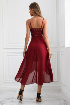 Sparkly Burgundy Spaghetti Straps Asymmetrical Graduation Dress