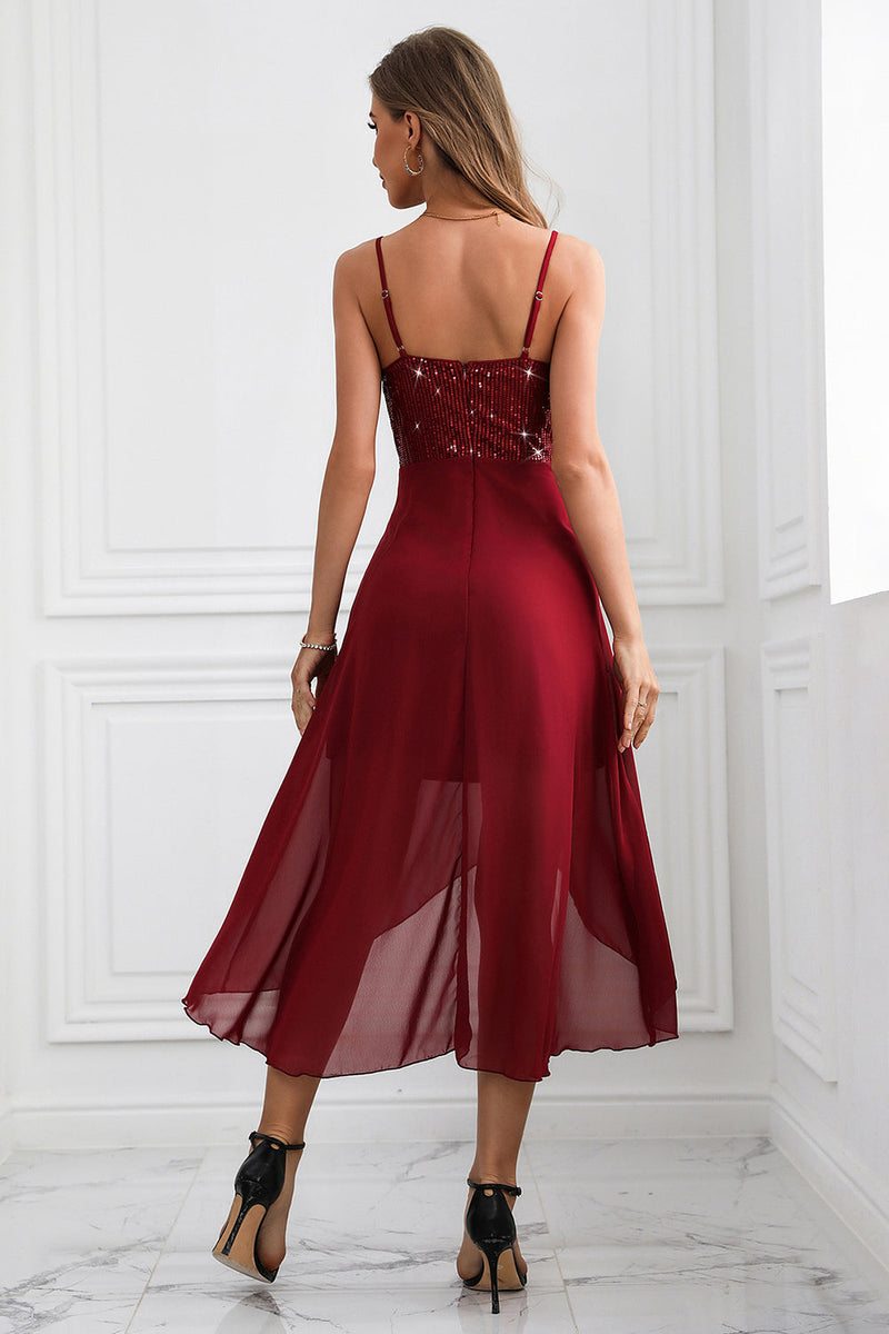 Load image into Gallery viewer, Sparkly Burgundy Spaghetti Straps Asymmetrical Graduation Dress