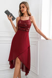Sparkly Burgundy Spaghetti Straps Asymmetrical Graduation Dress