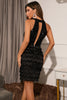 Load image into Gallery viewer, Sparkly Unique Black Halter Sequin Tight Graduation Dress with Fringe