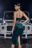 Load image into Gallery viewer, Sparkly Dark Green Spaghetti Straps Sequined Tight Graduation Party Dress with Slit