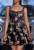 Load image into Gallery viewer, Sparkly A Line Black Golden Floral Graduation Dress with Sequins