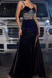 Sparkly Black Spaghetti Straps Beaded Prom Dress with Slit